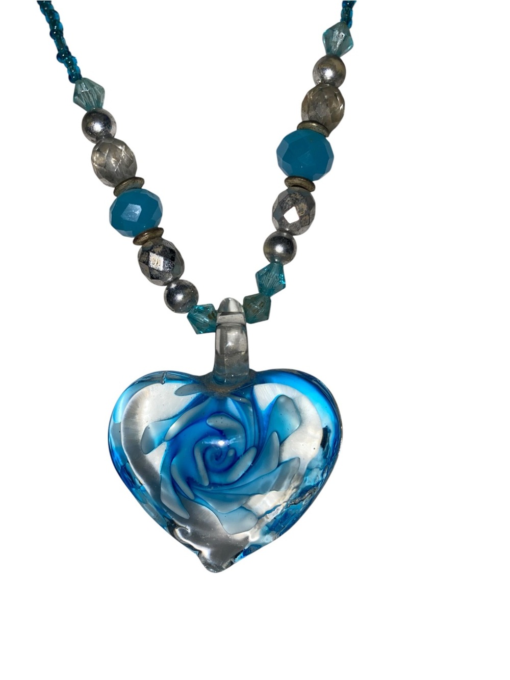 Vintage Y2k Aqua glass heart necklace blue rose design art glass fairy soft girl